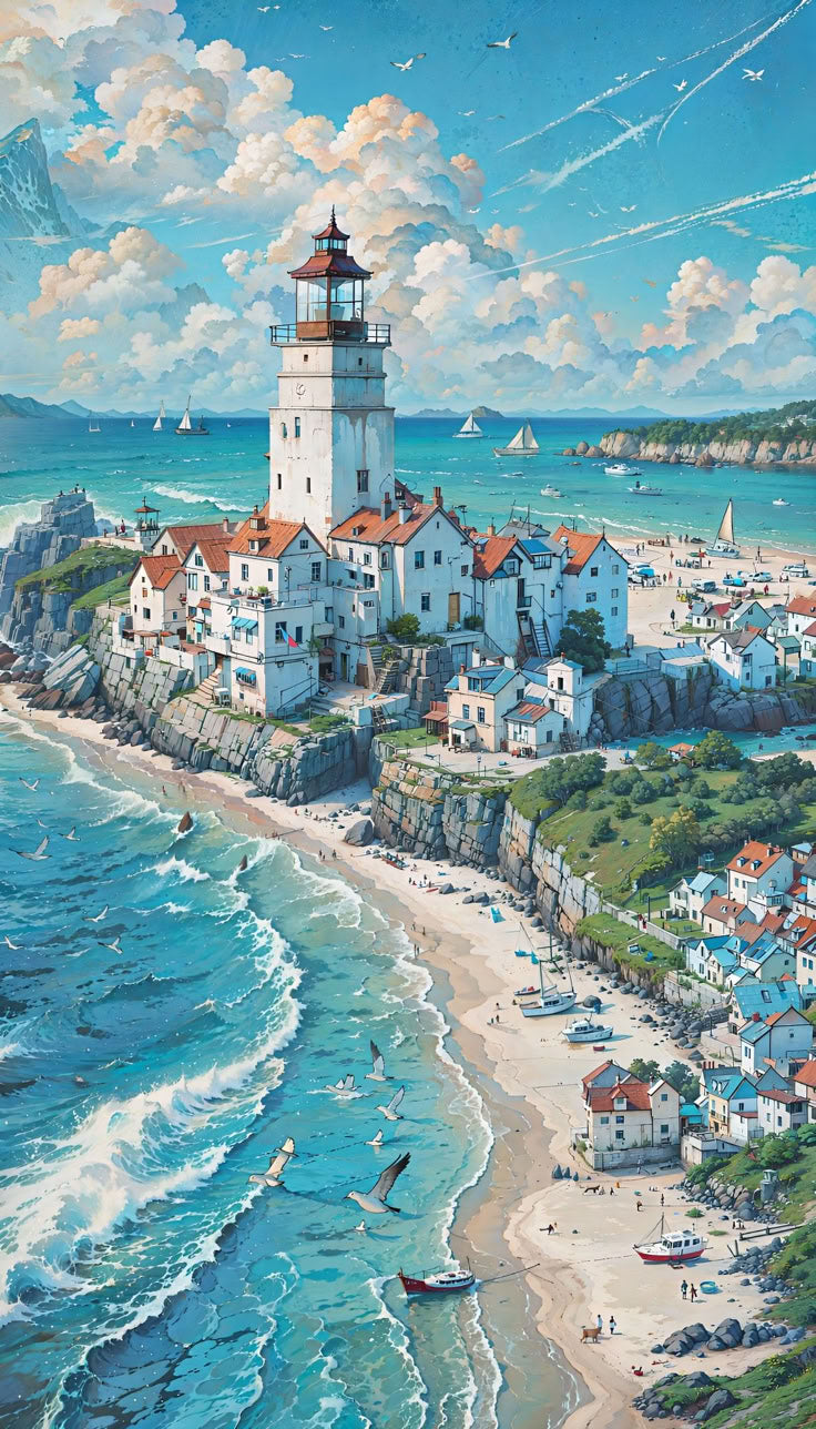 Coastal Village Lighthouse Poster Wall Art