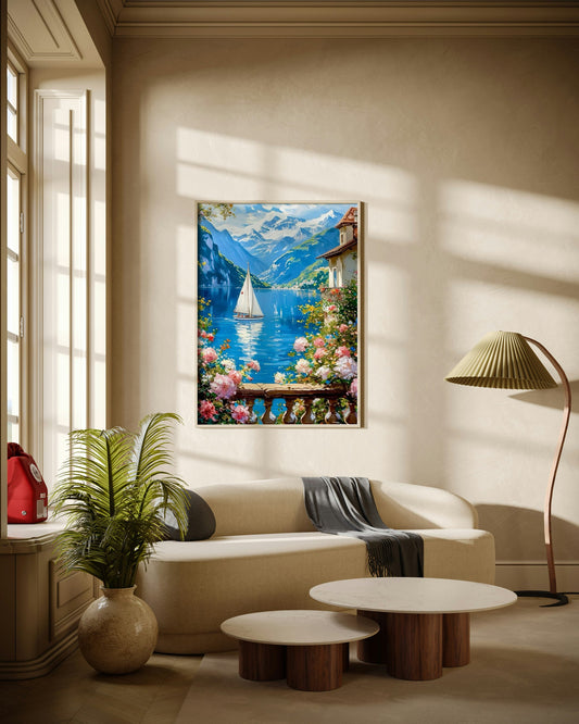 Alpine Lake View with Flowers Poster Wall Art