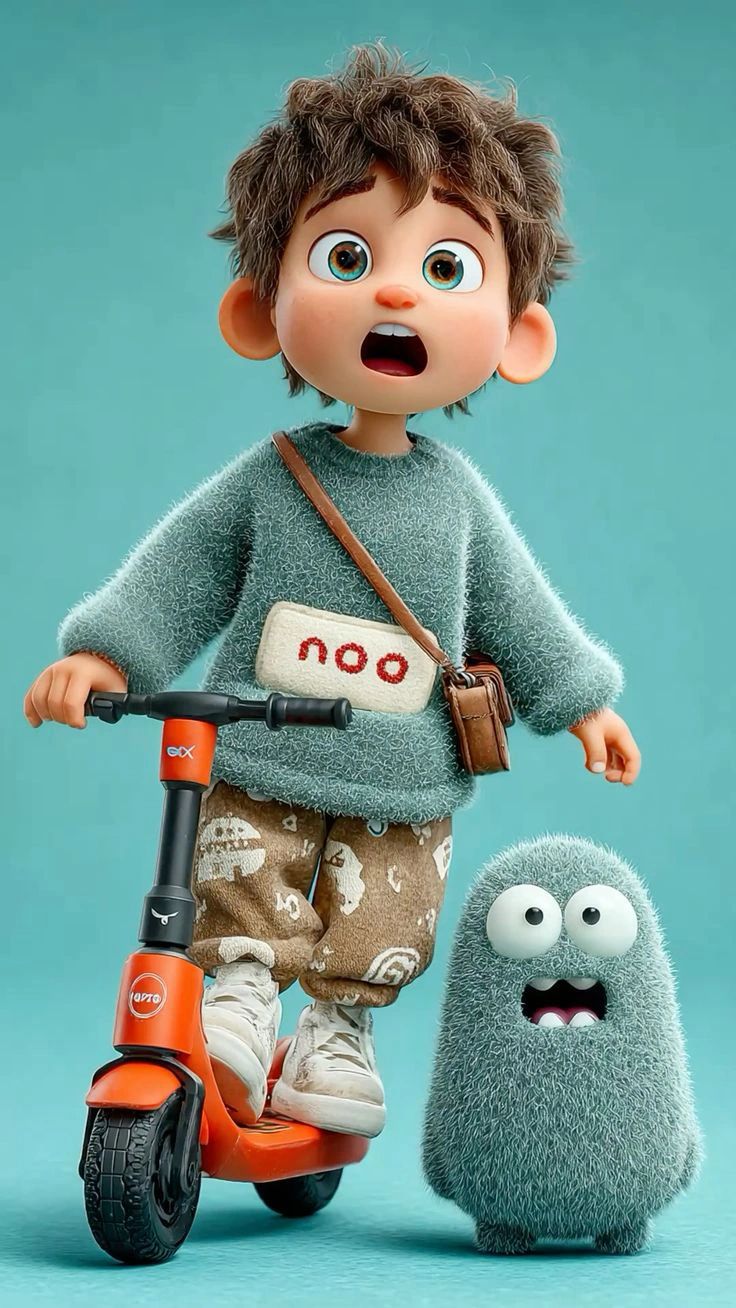 Surprised Boy on Scooter with Fluffy Monster Poster Wall Art