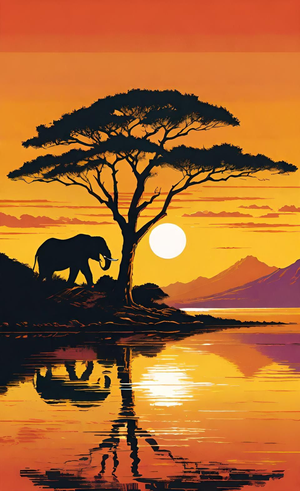 Serene Elephant African Sunset Poster Wall Art