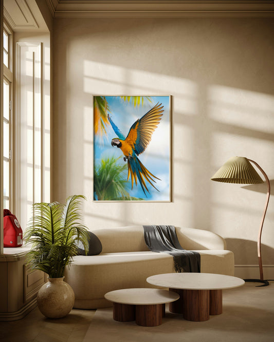 Macaw Flying in the Sun Poster Wall Art