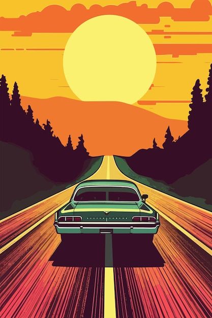 Vintage Car Sunset Road Trip Poster Wall Art