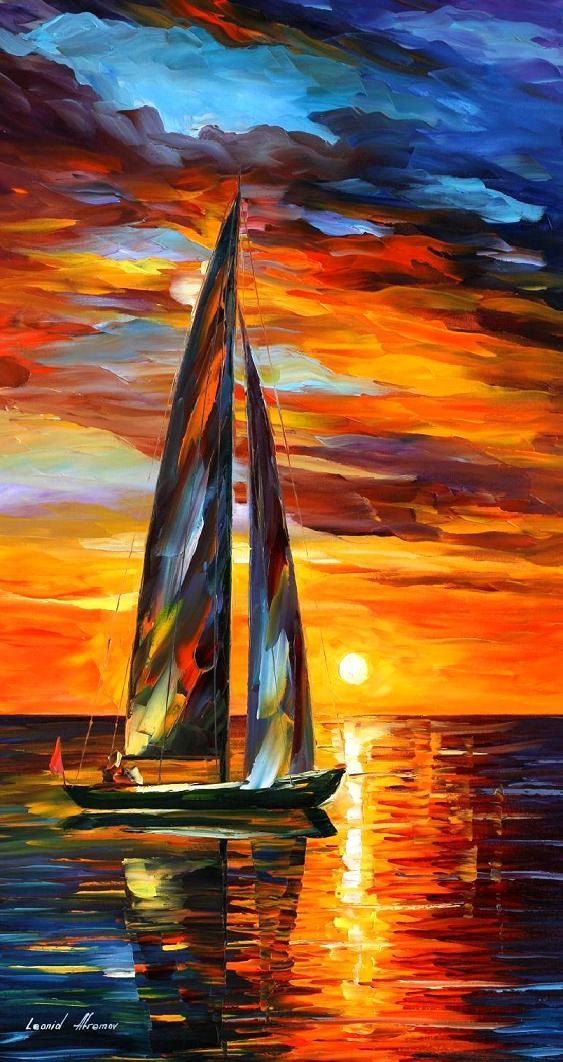 Leonid Afremov Sailboat Sunset Painting Poster Wall Art