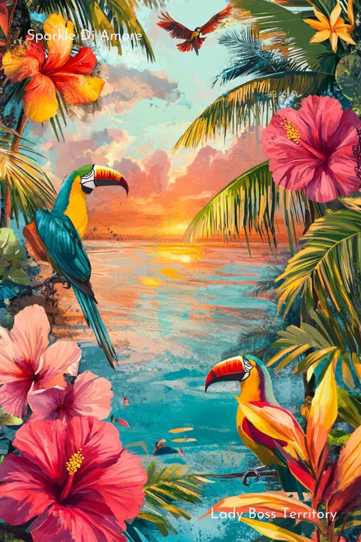 Tropical Sunset Macaws Poster Wall Art
