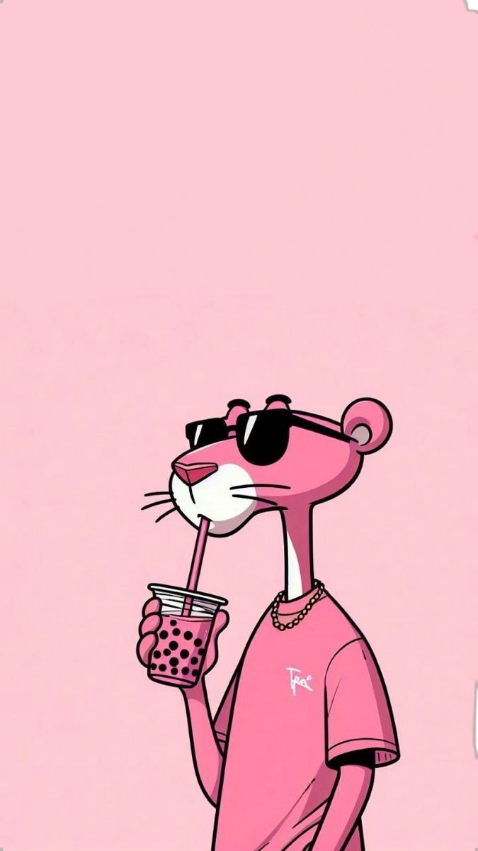 Pink Panther with Boba Tea Poster Wall Art