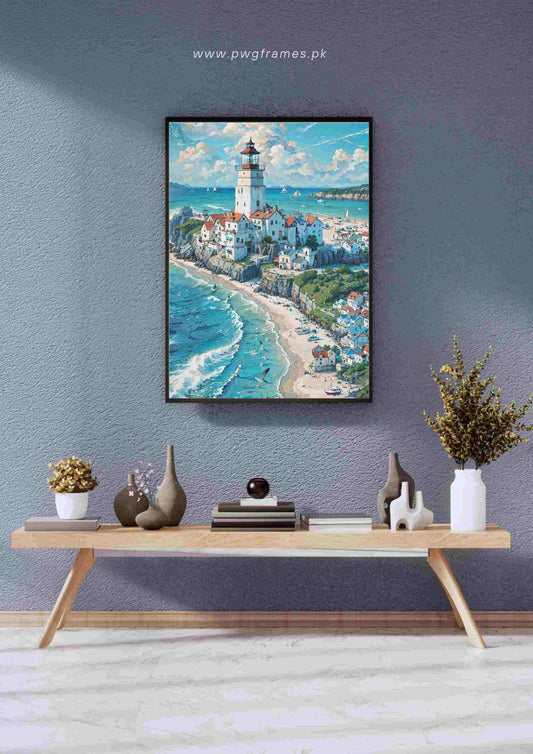 Coastal Village Lighthouse Poster Wall Art