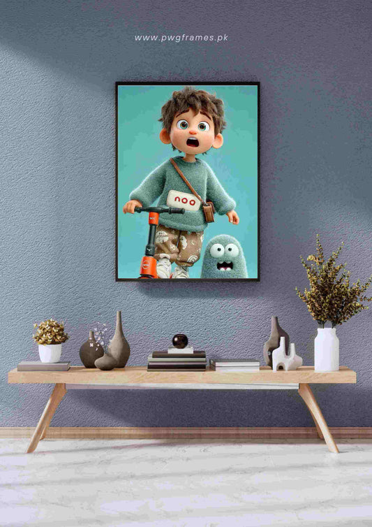 Surprised Boy on Scooter with Fluffy Monster Poster Wall Art