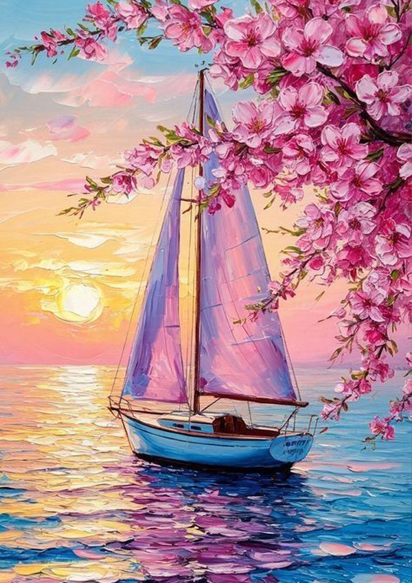 Cherry Blossom Sunset Sailing Poster Wall Art