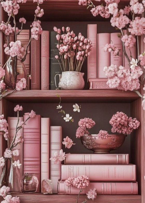 Pink Bookshelf with Cherry Blossoms Wall Art