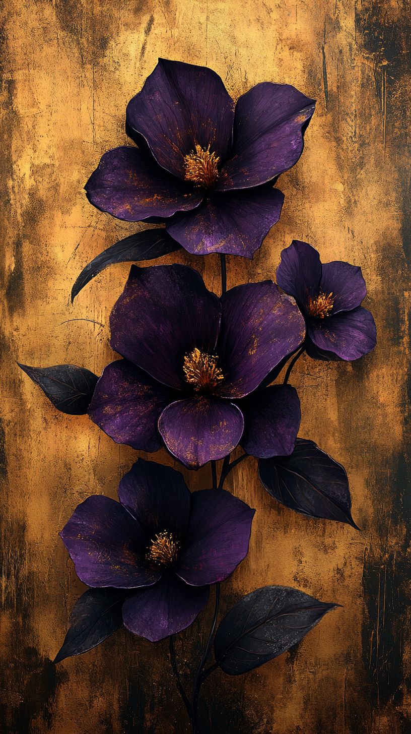Deep Purple Floral and Gold Abstract Poster Wall Art