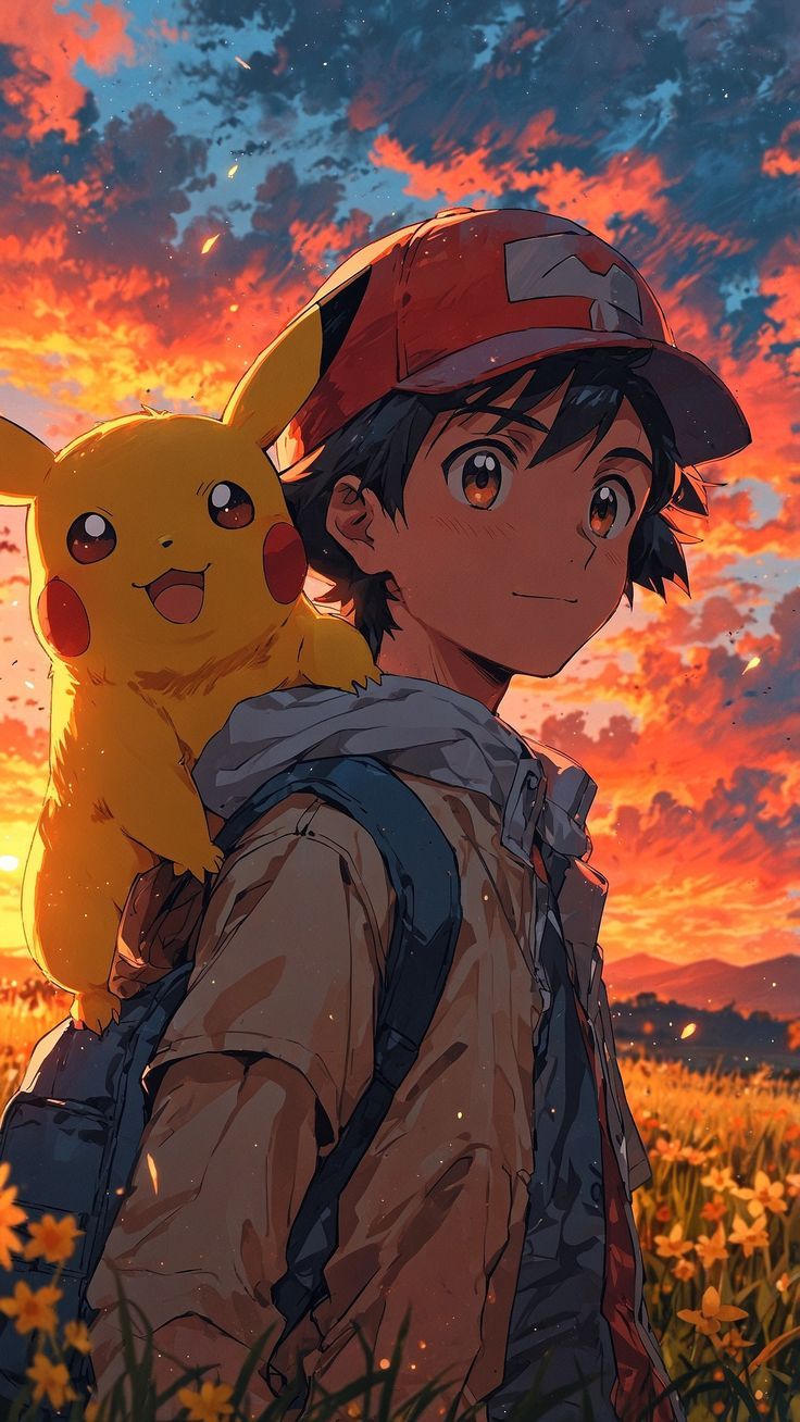 Ash and Pikachu Sunset Journey Poster Wall Art