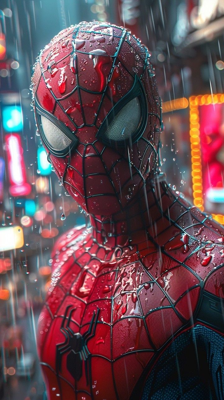 Rain-Soaked Spider-Man in Neon City Poster Wall Art