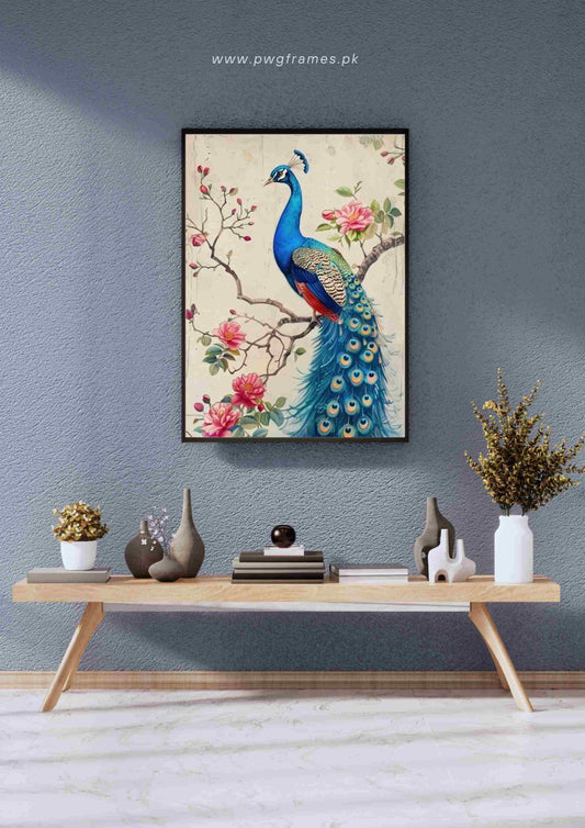 Watercolor Peacock and Cherry Blossoms Poster Wall Art