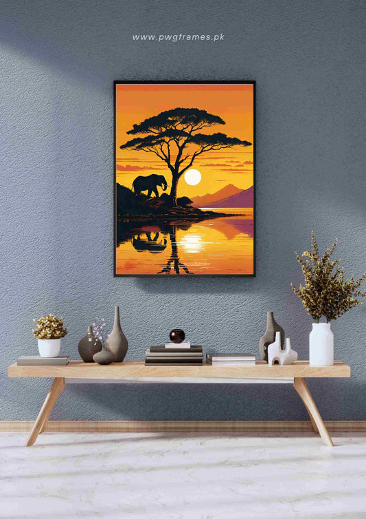 Serene Elephant African Sunset Poster Wall Art
