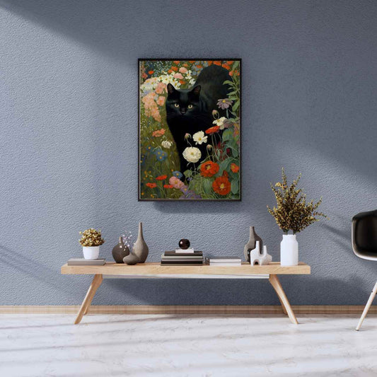 Black Cat in a Floral Garden Poster Wall Art