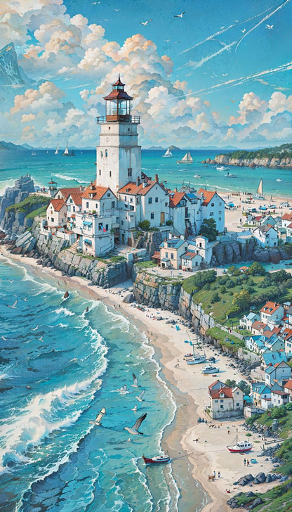 Coastal Village Lighthouse Poster Wall Art