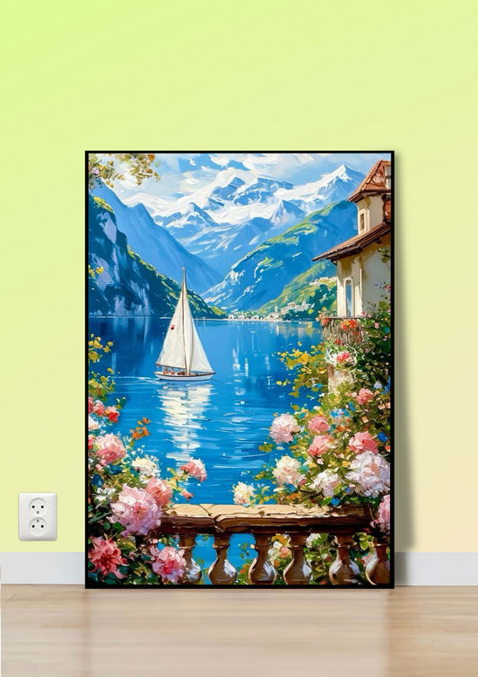 Alpine Lake View with Flowers Poster Wall Art