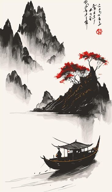East Asian Landscape Ink Wash Painting Poster Wall Art