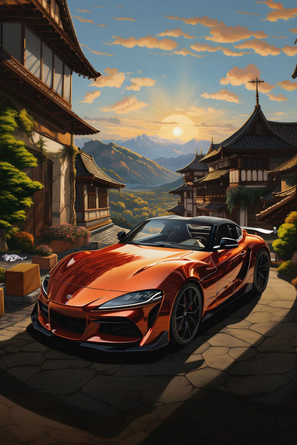 Anime-style Toyota Supra in Traditional Japanese Village Poster Wall Art