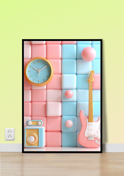 Pastel 3D Blocks with Guitar Wall Art