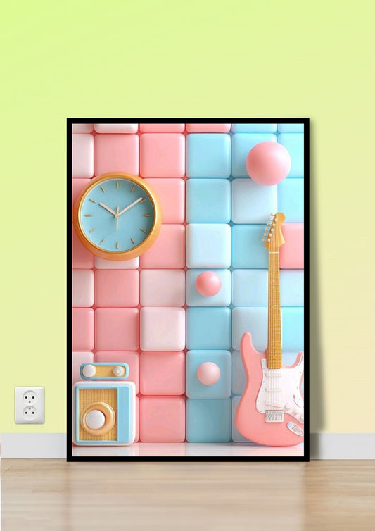 Pastel 3D Blocks with Guitar Wall Art