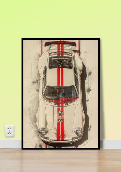 White & Red Porsche Race Car Wall Art
