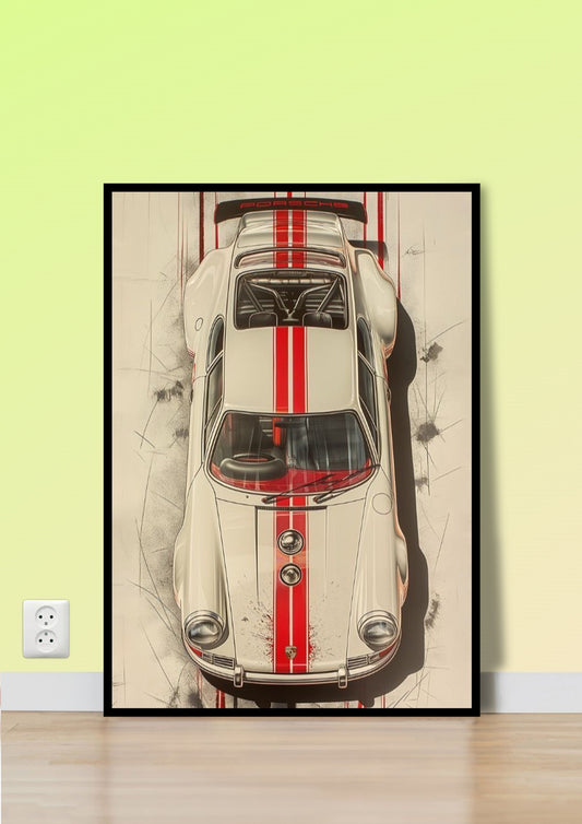 White & Red Porsche Race Car Wall Art