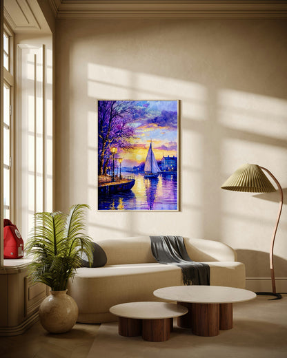Evening City River Scene Poster Wall Art