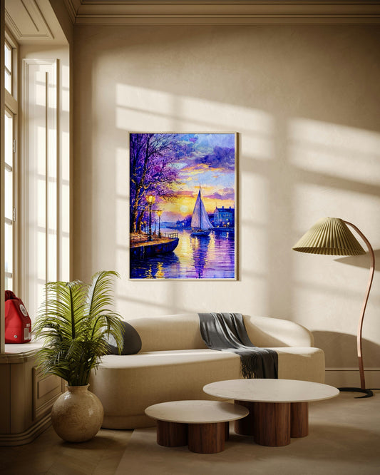 Evening City River Scene Poster Wall Art