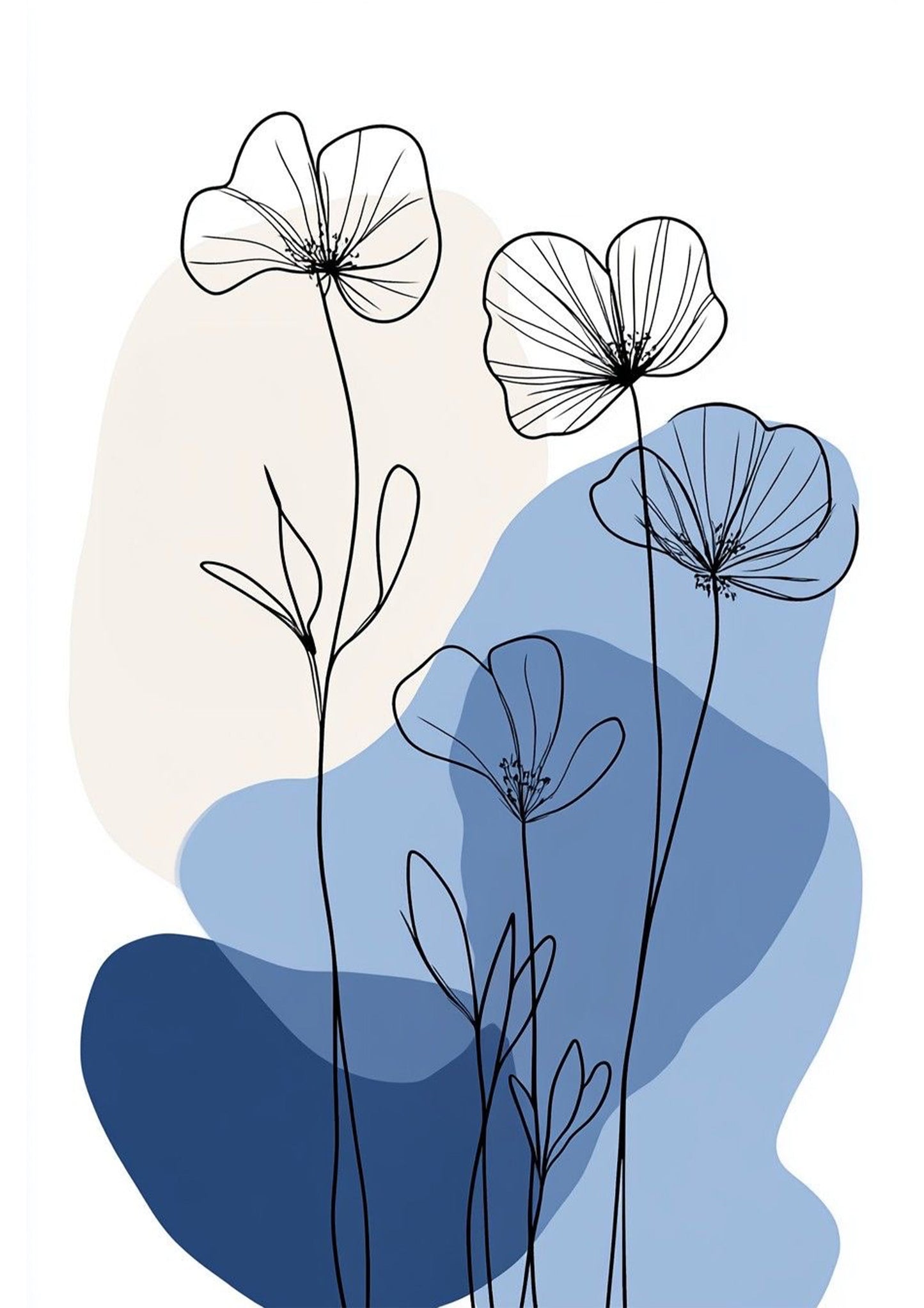 Blue Abstract Poppy Line Art Poster Wall Art
