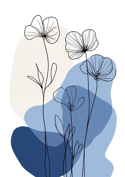 Blue Abstract Poppy Line Art Poster Wall Art
