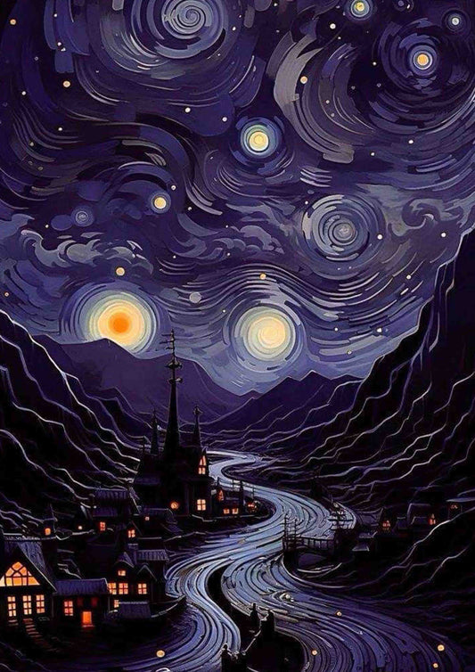 Starry Night Village River Poster Wall Art