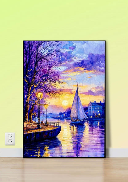 Evening City River Scene Poster Wall Art