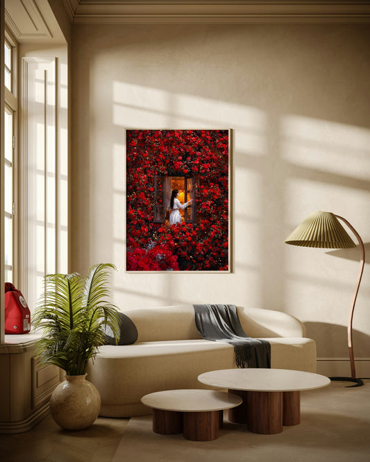 Lady in Red Roses Poster Wall Art