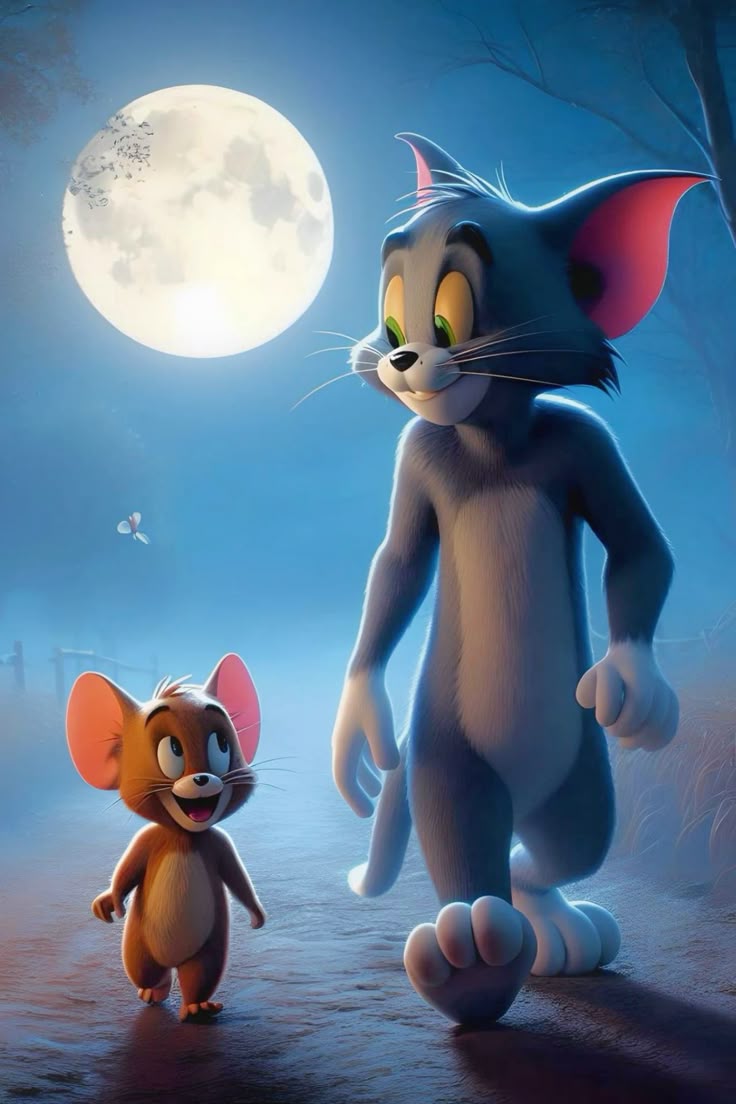 Tom and Jerry Dreamy Moonlit Walk Poster Wall Art