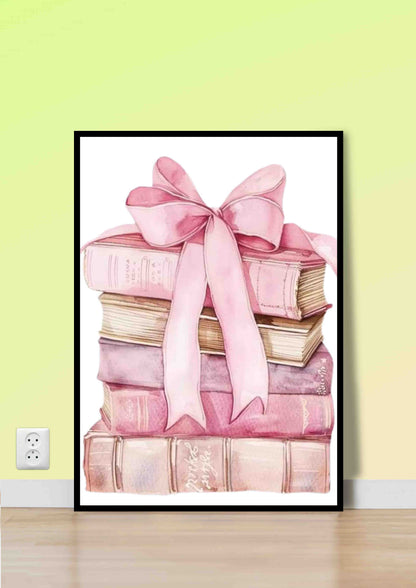Pink Ribbon Book Stack Poster Wall Art