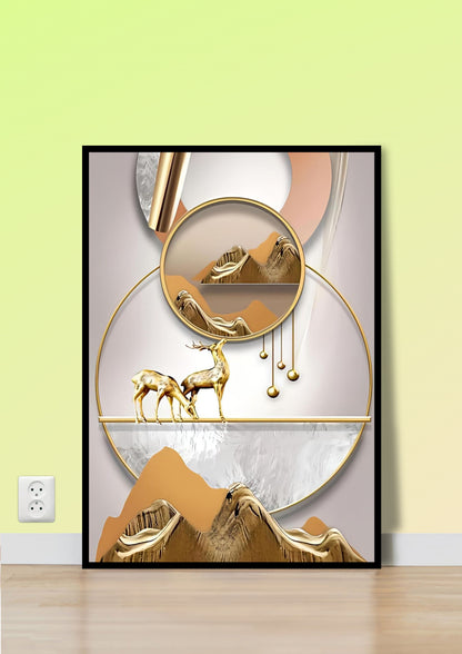 Gold Deer & Mountain Abstract Wall Art