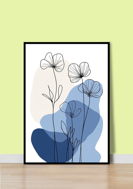 Blue Abstract Poppy Line Art Poster Wall Art