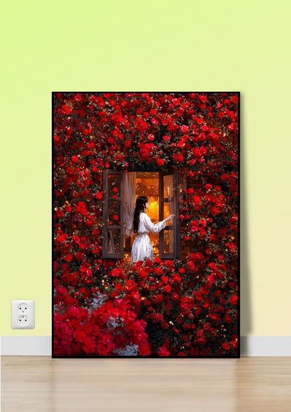 Lady in Red Roses Poster Wall Art