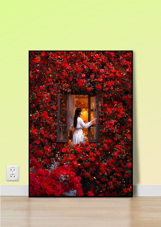 Lady in Red Roses Poster Wall Art