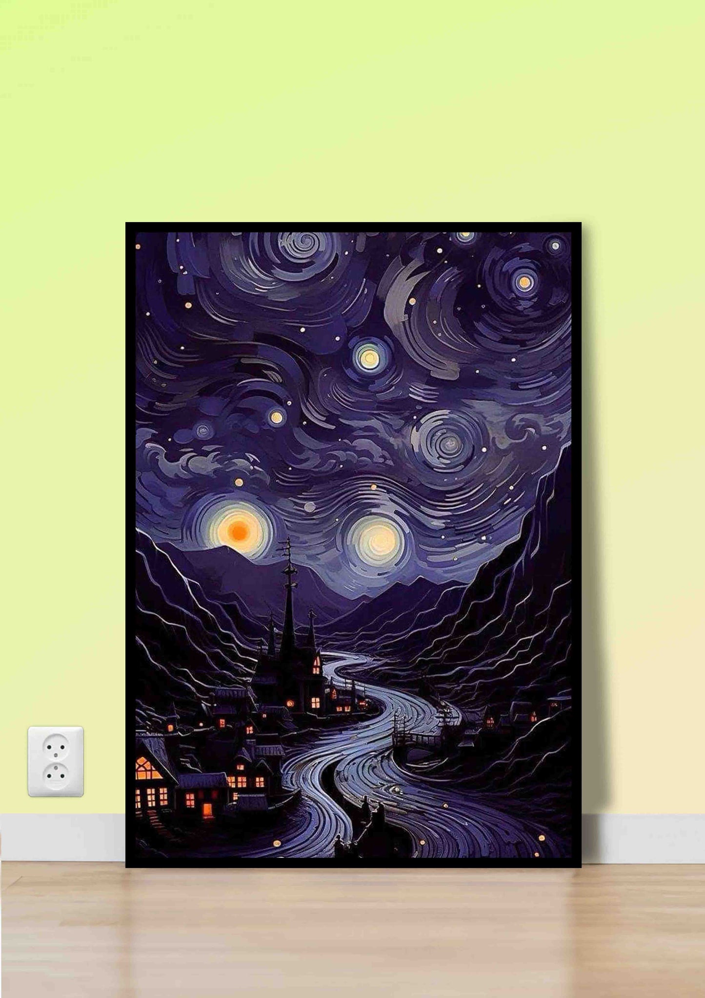 Starry Night Village River Poster Wall Art