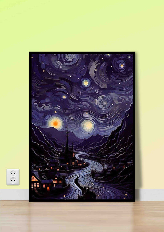 Starry Night Village River Poster Wall Art