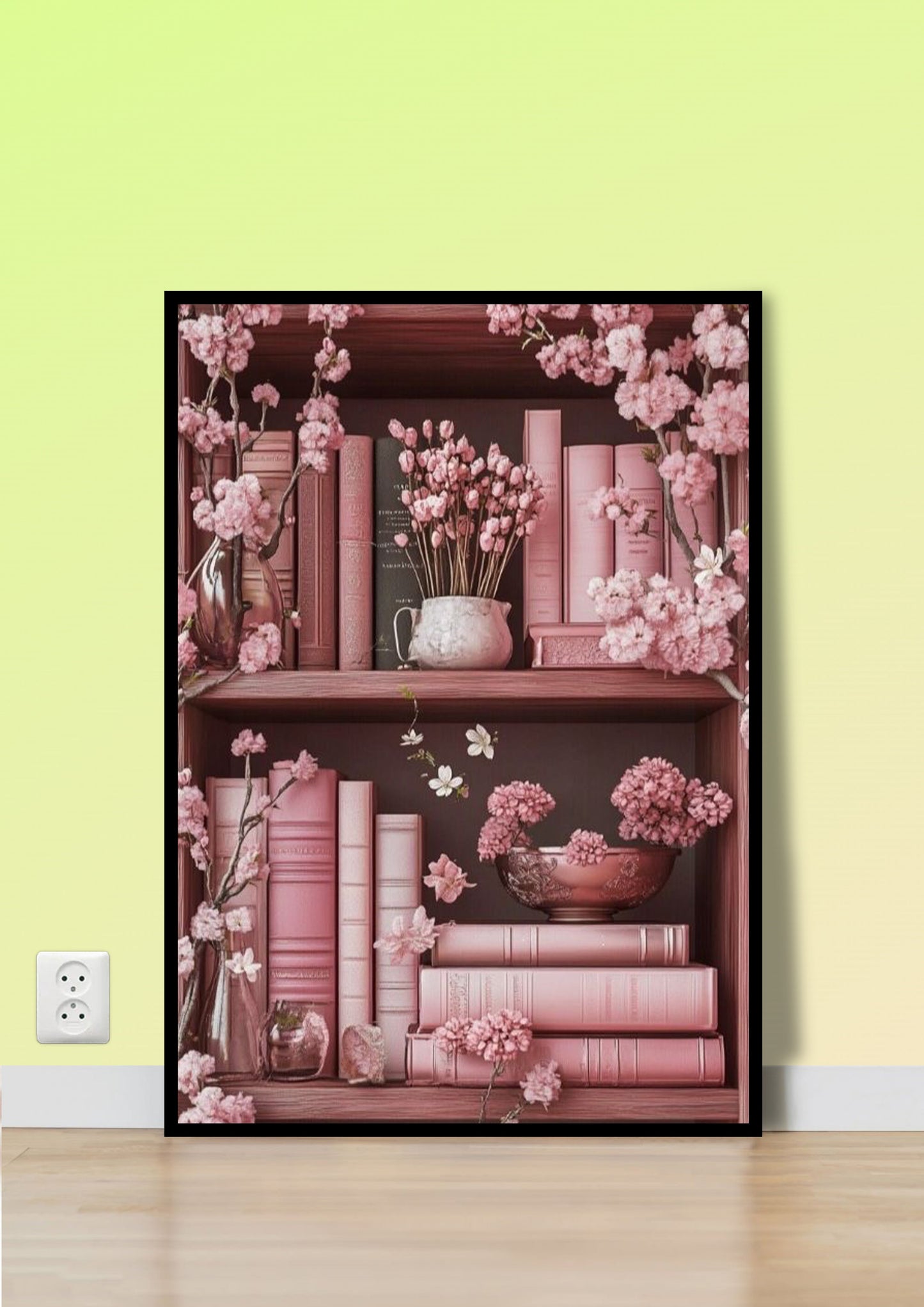 Pink Bookshelf with Cherry Blossoms Wall Art
