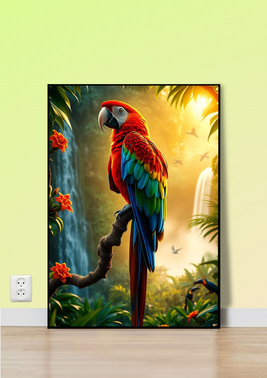 Scarlet Macaw Waterfall Poster Wall Art