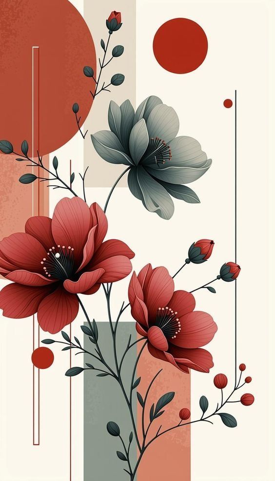 Red and Grey Floral Abstract Poster Wall Art