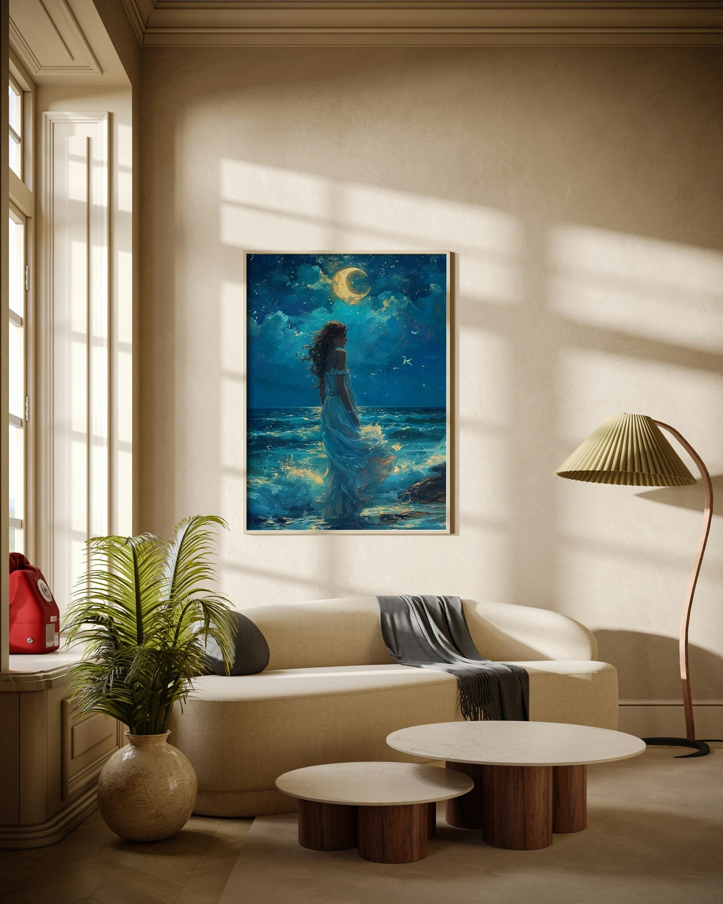 Lady by the Sea Under Moonlight Poster Wall Art
