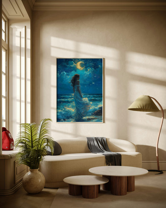 Lady by the Sea Under Moonlight Poster Wall Art