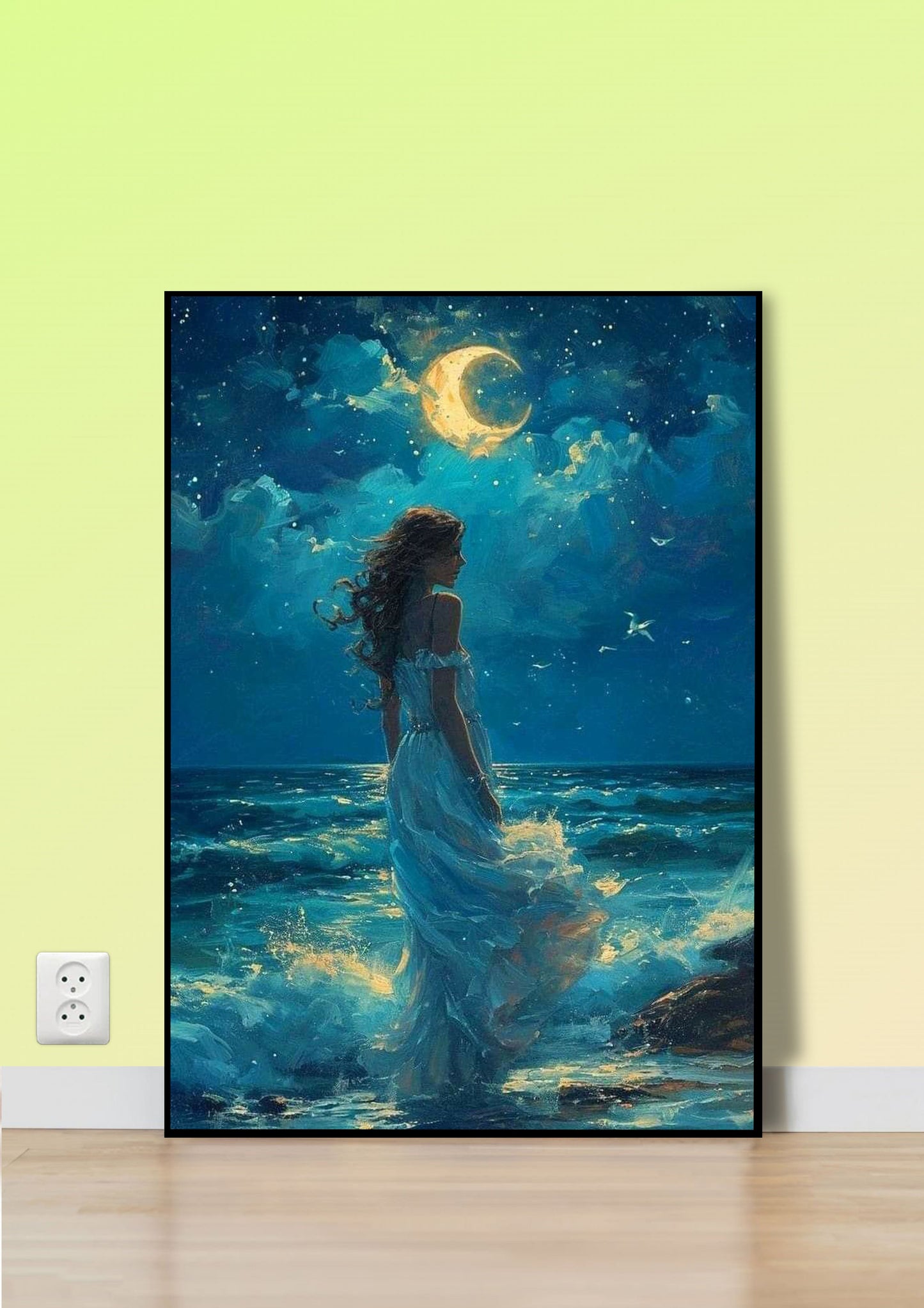 Lady by the Sea Under Moonlight Poster Wall Art