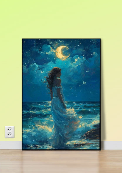 Lady by the Sea Under Moonlight Poster Wall Art