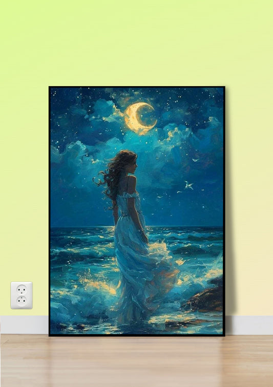 Lady by the Sea Under Moonlight Poster Wall Art
